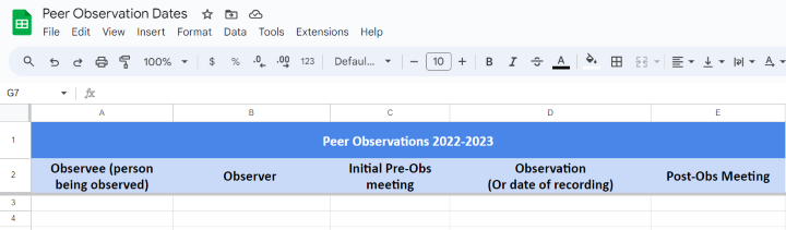 Google Sheets table reads: Peer observations 2022-2023. Observee. Observer. Initial pre-obs meeting. Observation. Post-obs meeting.